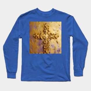 Gold Cross on Purple Background With Gold Dust Long Sleeve T-Shirt